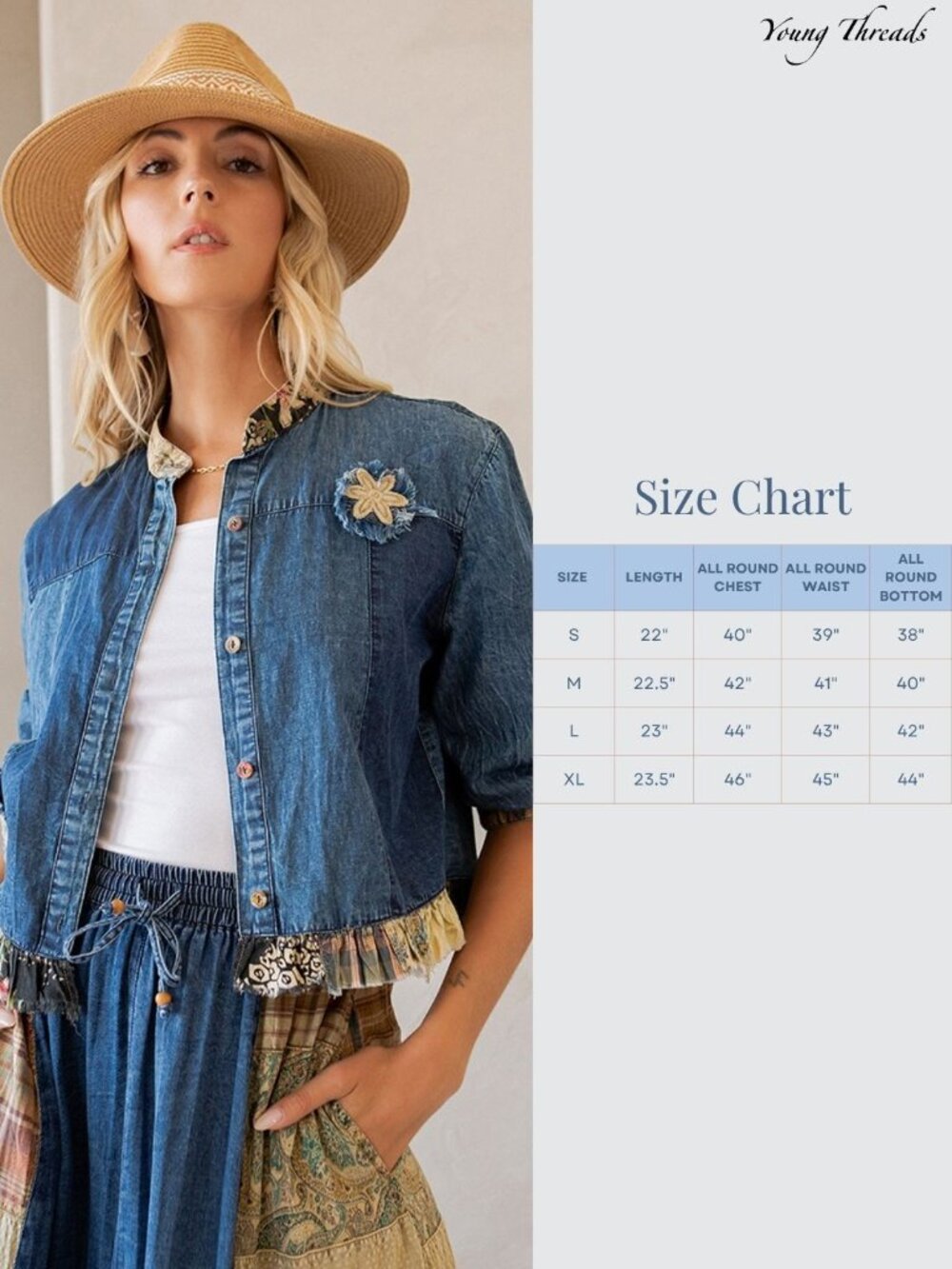 Western Boho Chic: Patchwork Cropped Denim Jacket - Picture 4 of 4